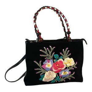 Vintage Floral Embroidered Canvas Handbag – Boho Braided Handles – Removable Str